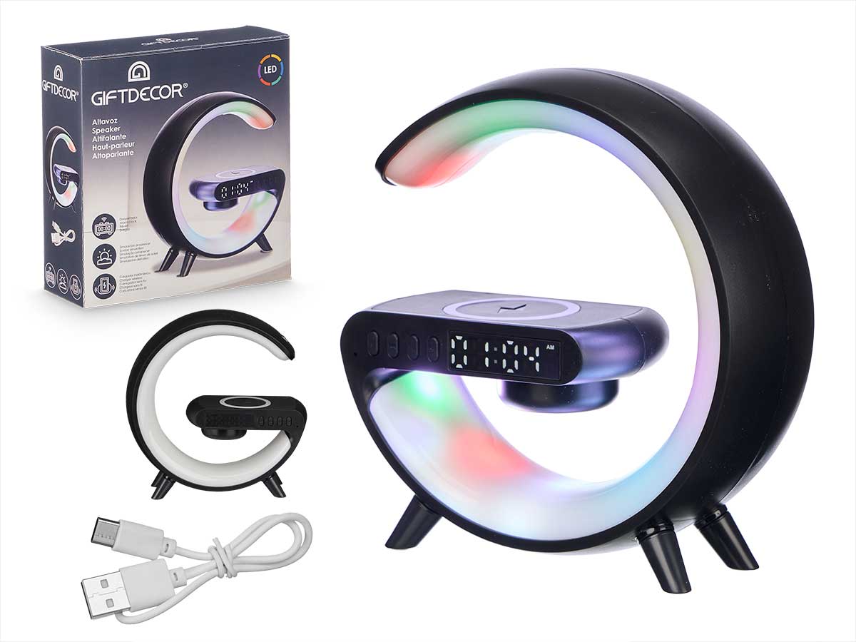 Reloj altavoz cargador inalambrico luz rgb negro