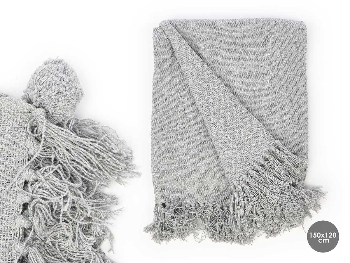 Plaid polyvalent pompon gris 120x150cm