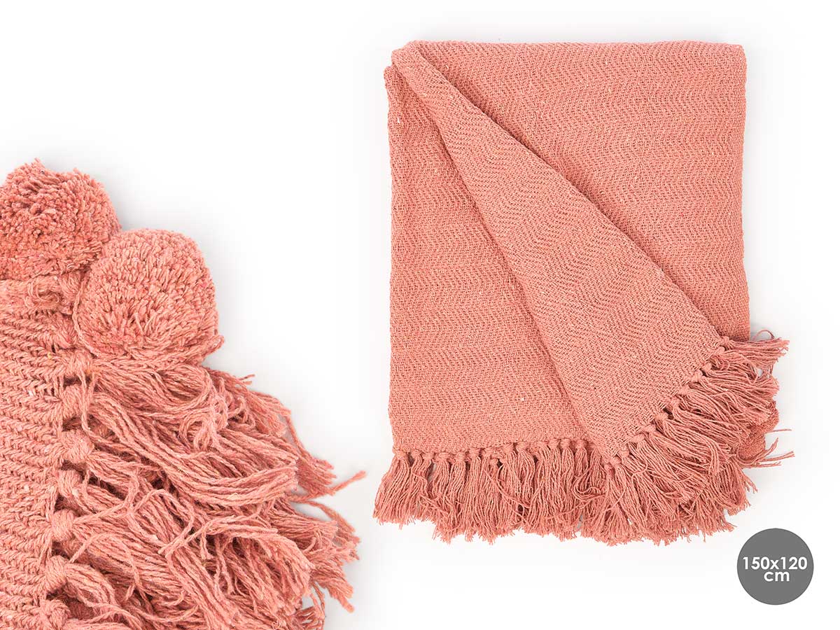Plaid polyvalent pompon brique 120x150cm