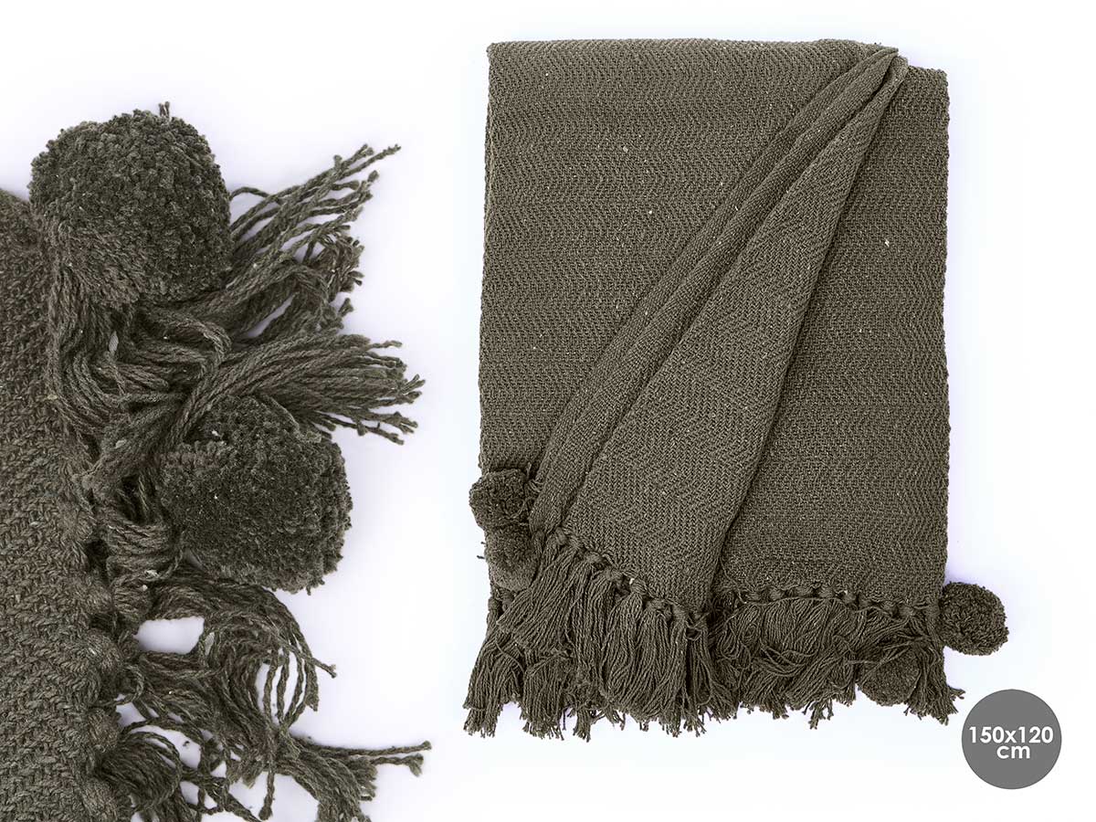 Plaid polyvalent pompon vert 120x150cm