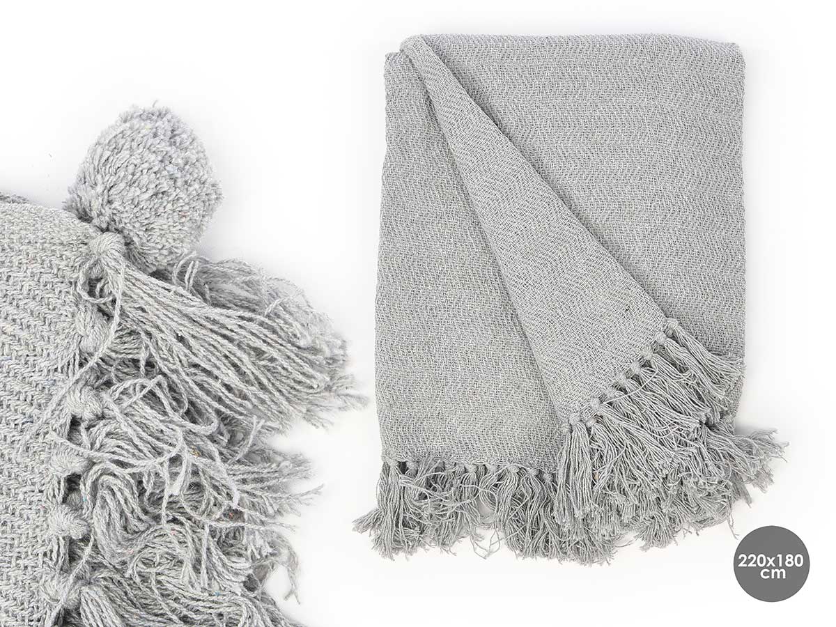 Plaid polyvalent pompon gris 180x220cm