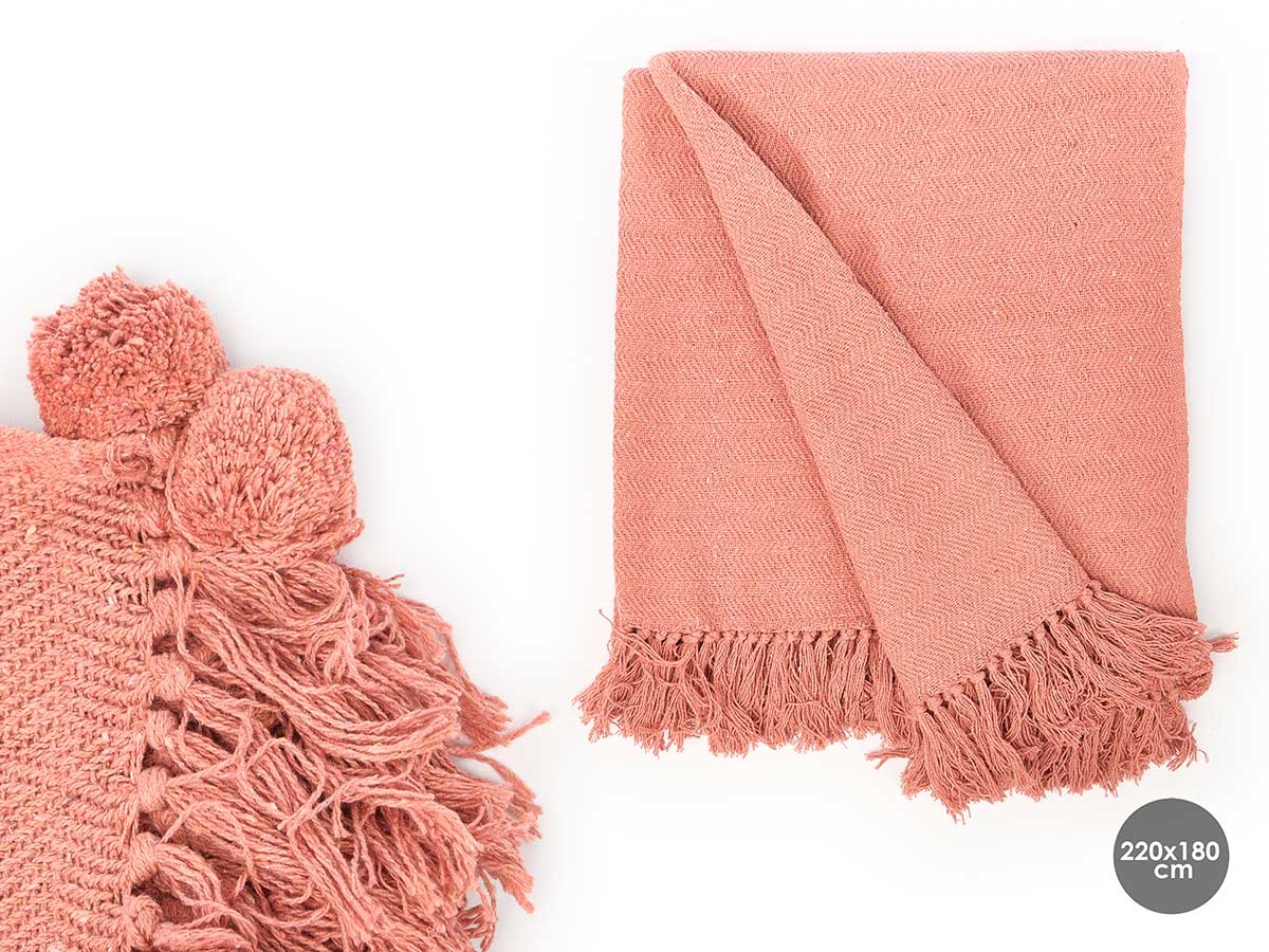 Plaid polyvalent pompon brique 180x220cm