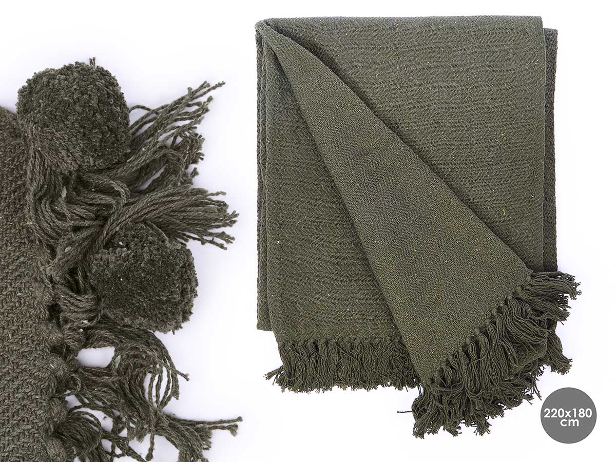Plaid polyvalent pompon vert 180x220cm