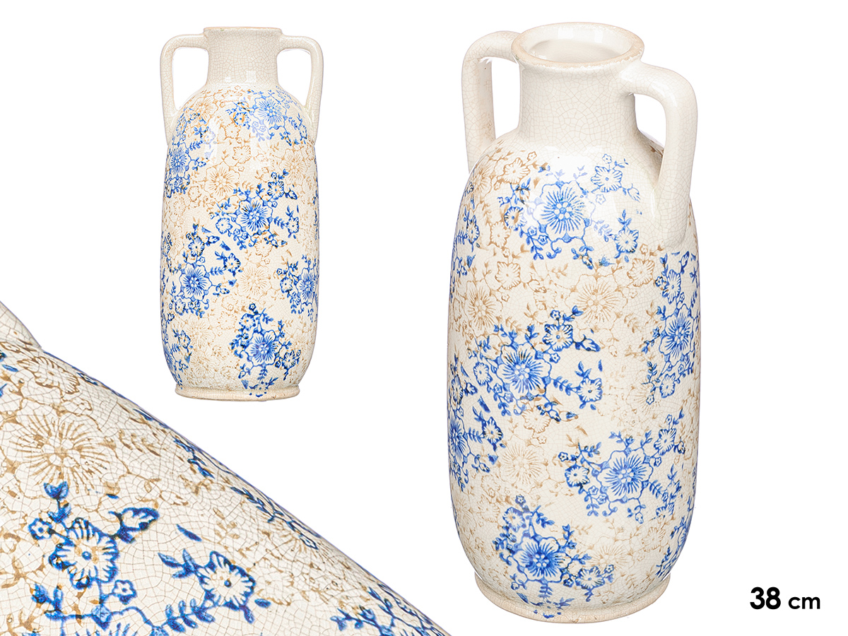 Jarron 2 asa azul beige 38cm