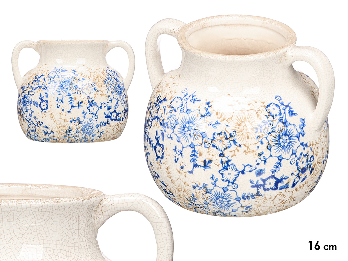 Jarron 2 asa azul beige 16cm