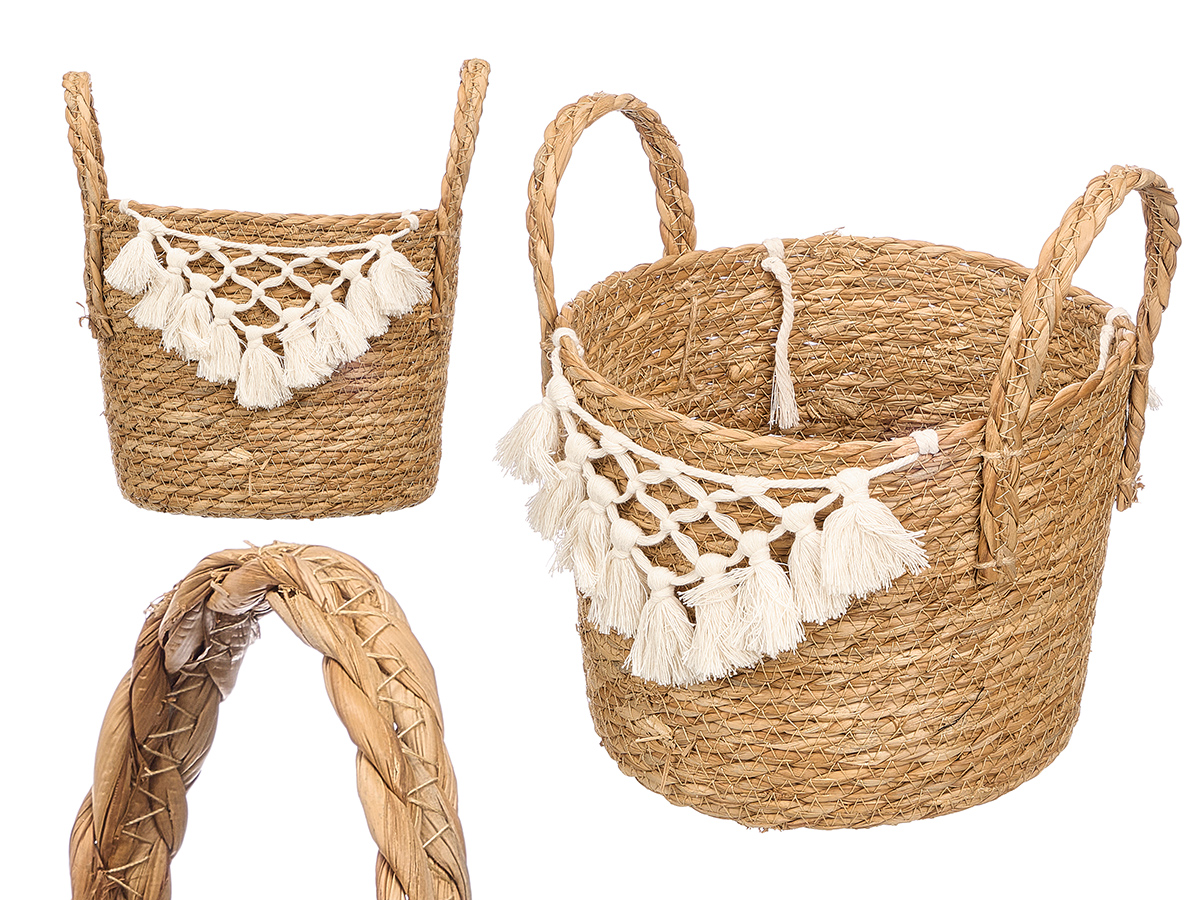 Macetero mimbre macrame pompon blanco pequeño