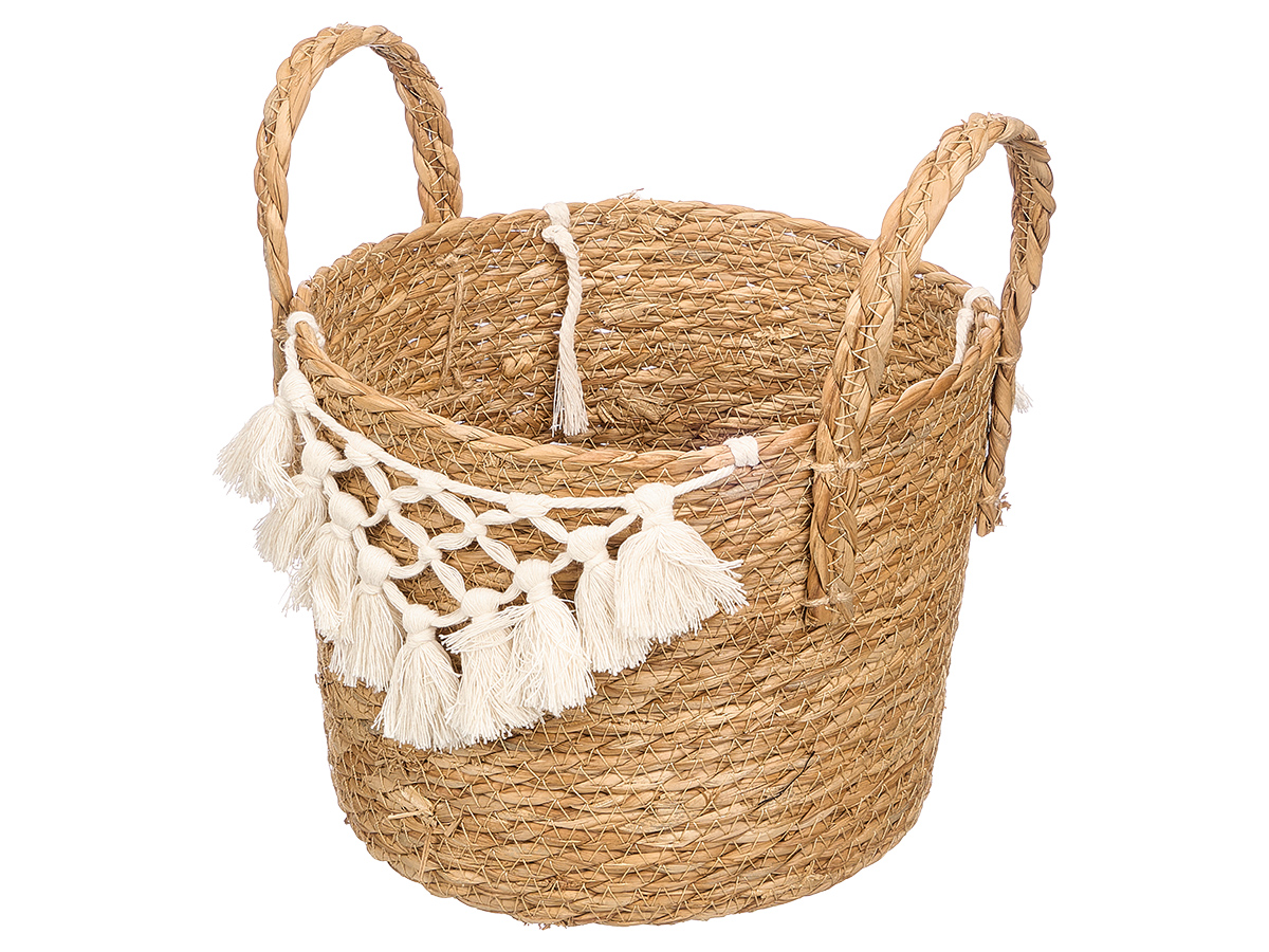 Macetero mimbre macrame pompon blanco pequeño - Imagen 2