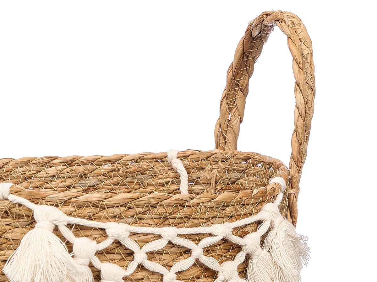 Macetero mimbre macrame pompon blanco pequeño - Imagen 3