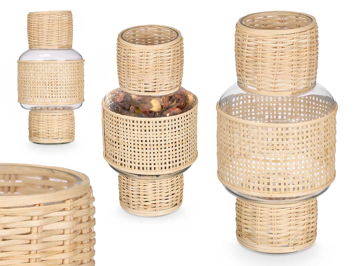 Suporte vela vidro e rattan