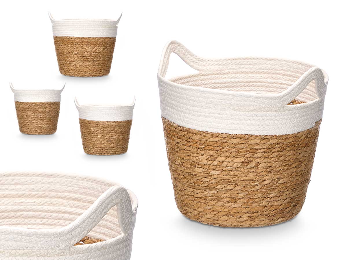 Set 3 paniers ronds avec poignées 29cm haut blanc