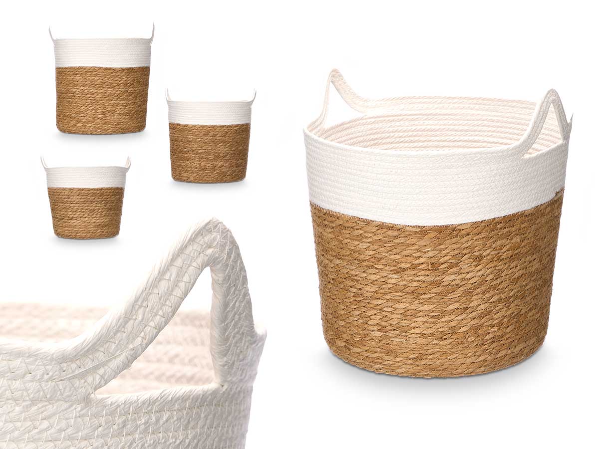 Set 3 paniers ronds poignées 36cm haut blanc