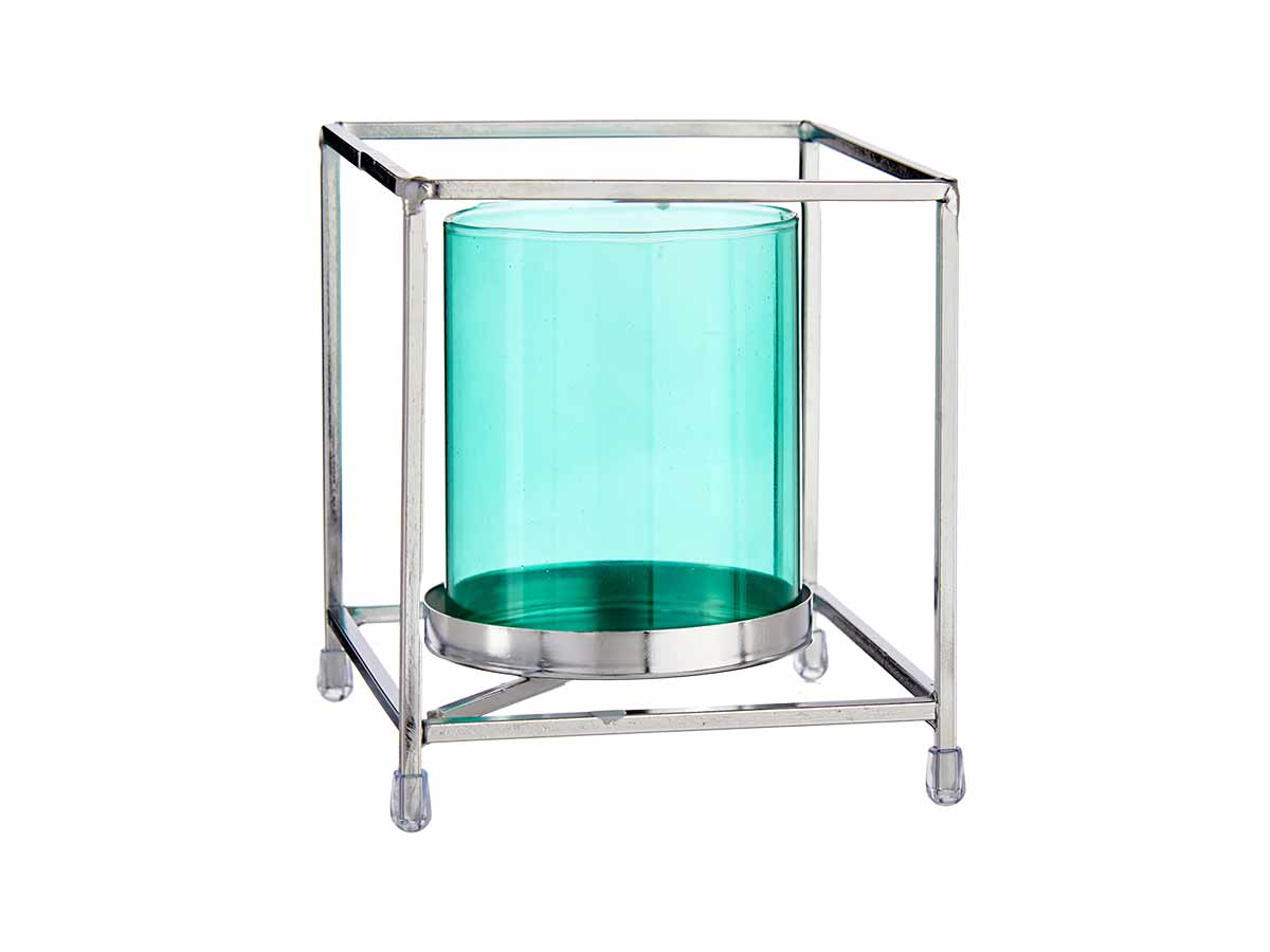 Base vela vidro quadrad azul metal prateado peq - Image 2