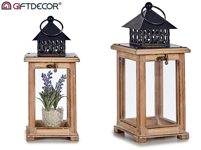 Lanterne bois carre grille naturel