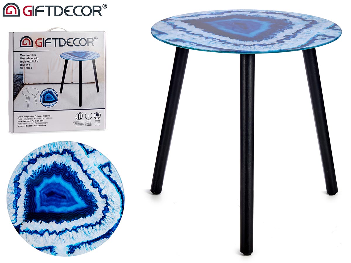 Blue marble effect glass table with black legs