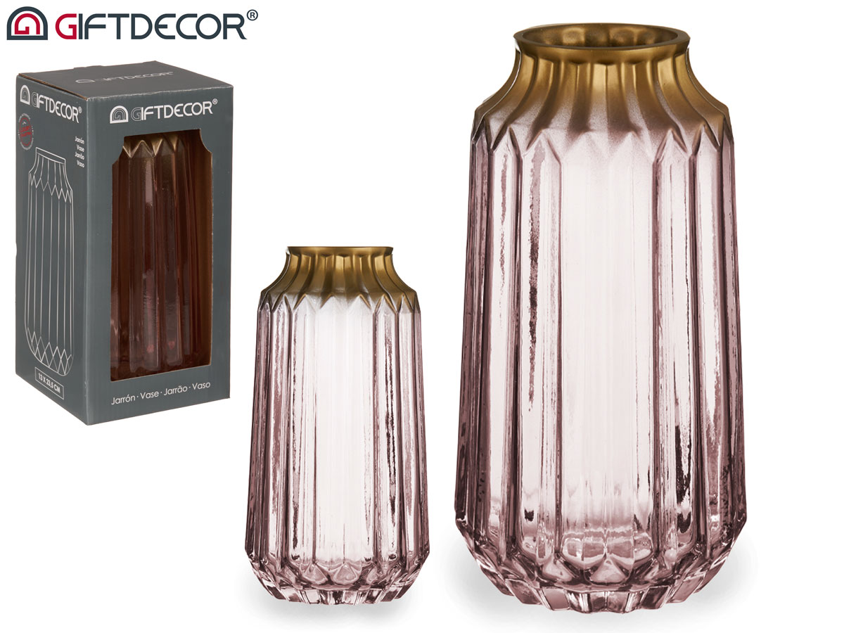 Vase en verre bords rose