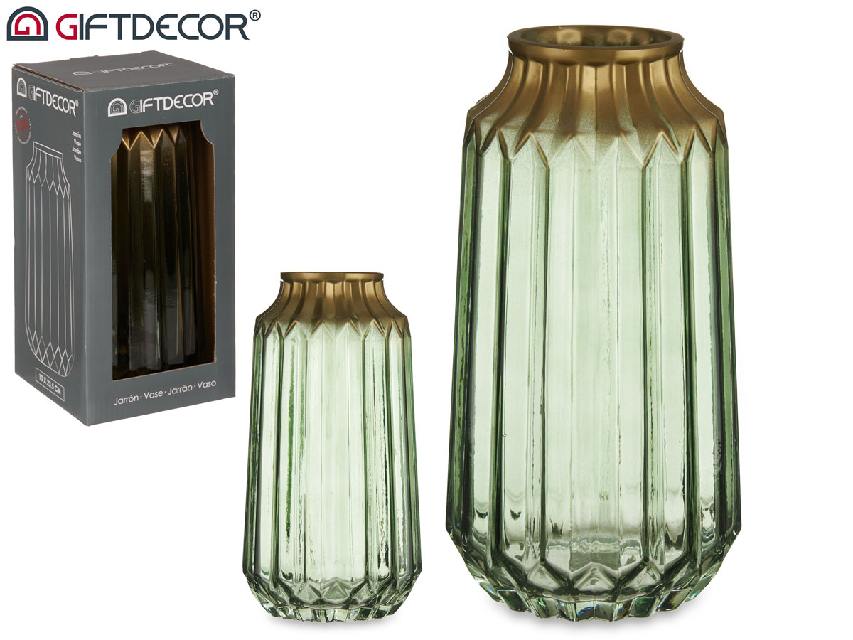 Vase en verre bords vert