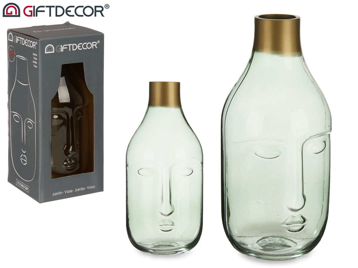 Vase en verre visage vert