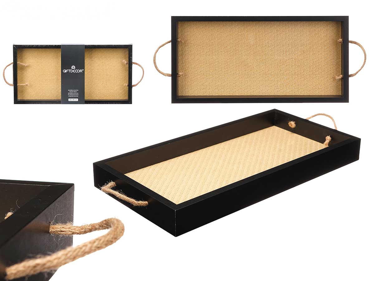 Tabuleiro em vime 20 x 40 cm com pegas pretas