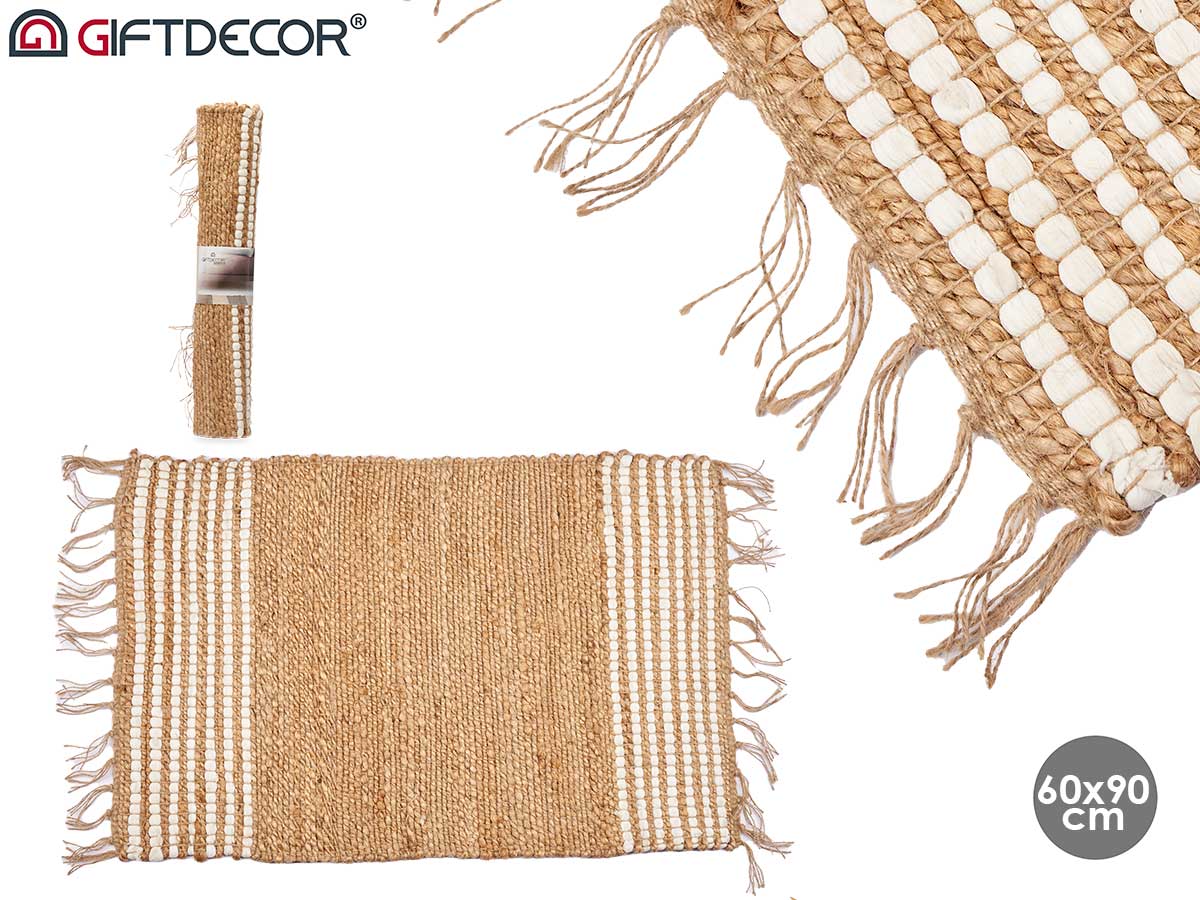 White and natural striped carpet 60 x 90 cm