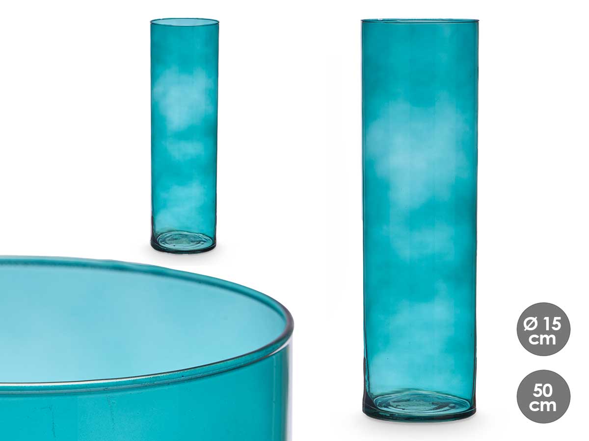 Jarron cristal cilindro 15cm diam x 50cm turquesa