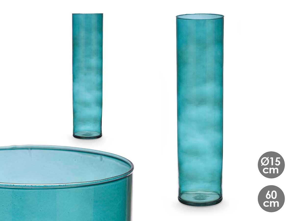 Jarron cristal cilindro 15cm diam x 60cm turquesa