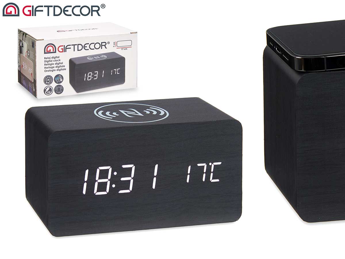 Black clock w alarm charger mov temperature