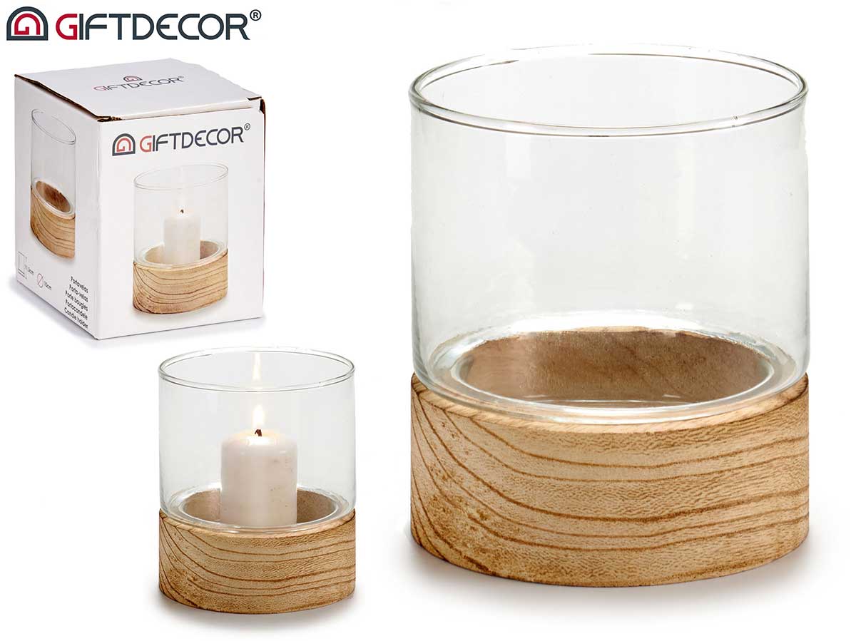 Bougeoir verre base bois red pt