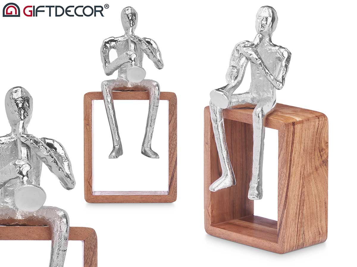 Figura metallo saxo argento supporto legno