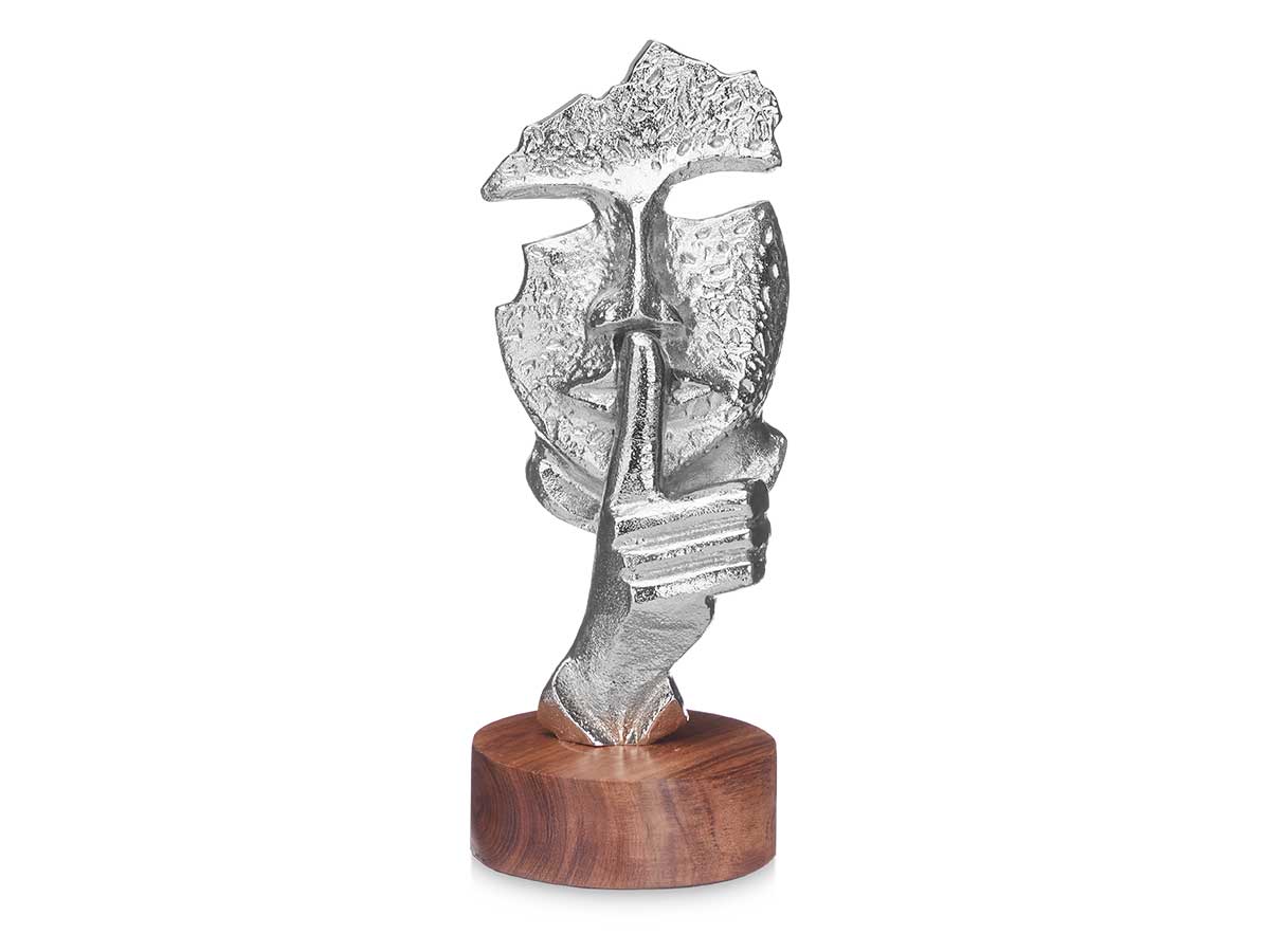 Figura metallo silenzio argento supporto legno - immagine 2